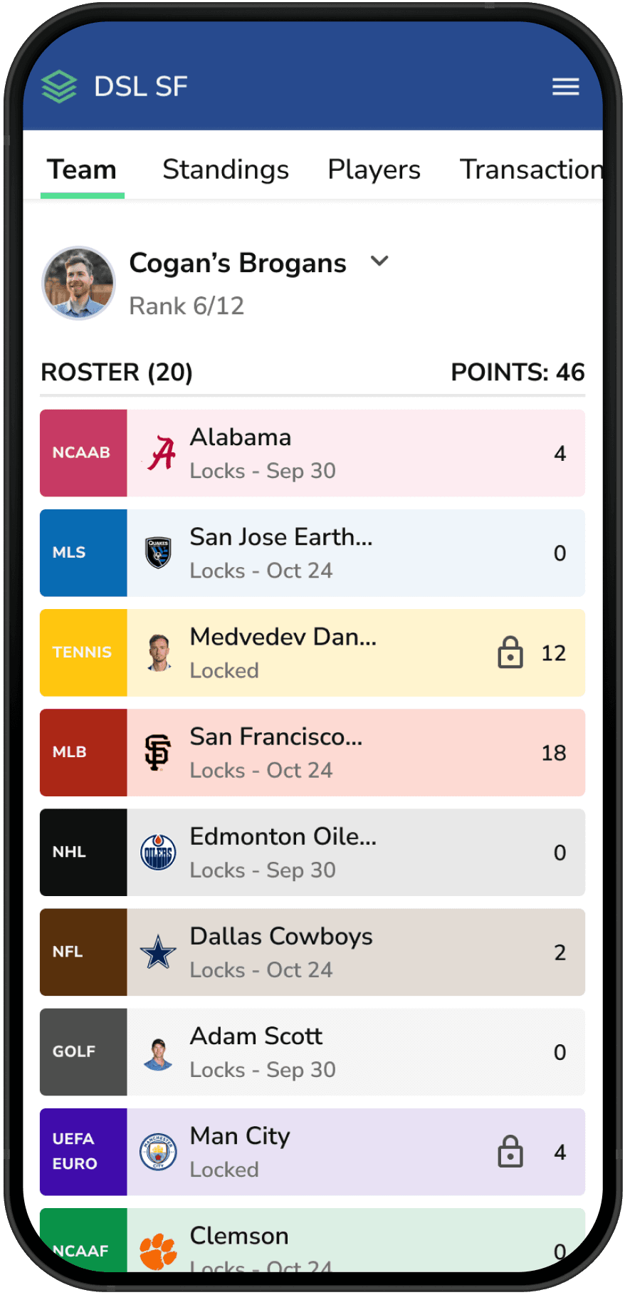 DSLeague roster view showing teams across 10 sports
